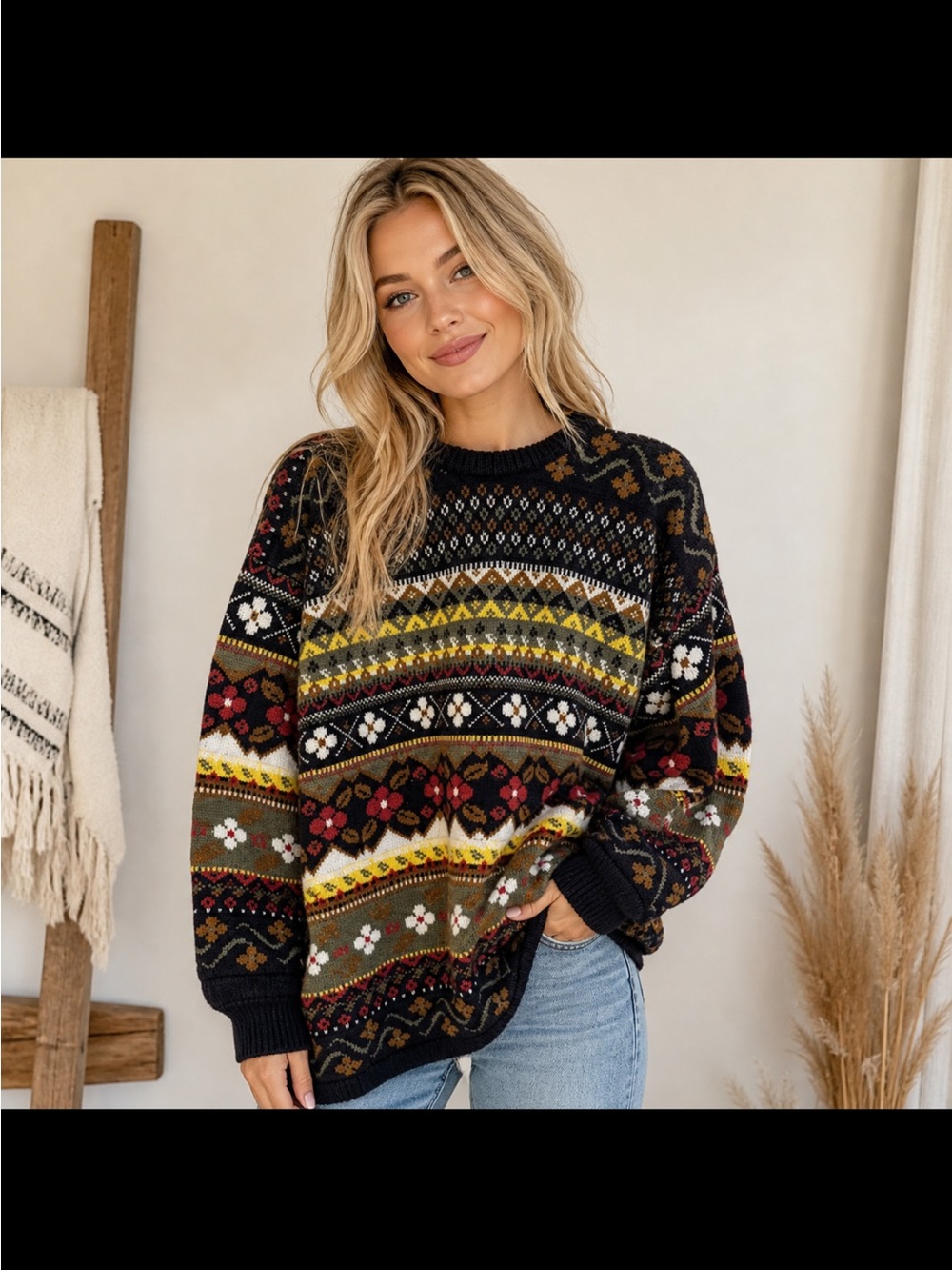 Vintage Adina Women’s Fair Isle Sweater Floral Nordic Cozy Knit Crewneck Classic